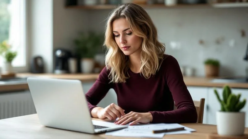 Frau berechnet ihre Foerdermoeglichkeiten am Schreibtisch in Tuebingen
