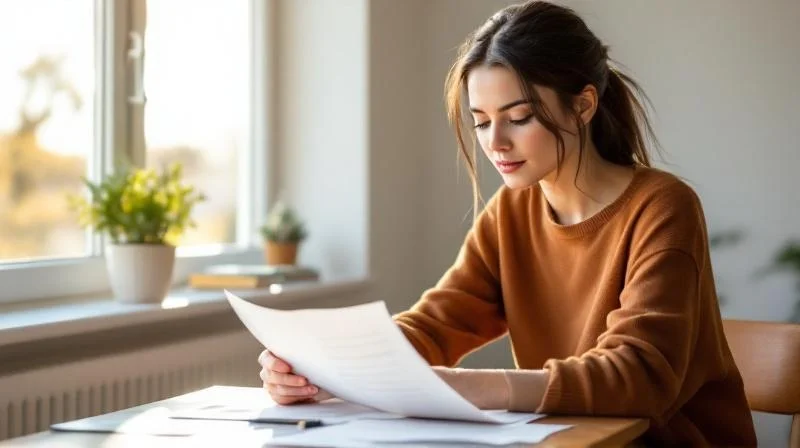 Frau liest Dokumente an einem Schreibtisch mit Blick auf Tuebinger Altstadt