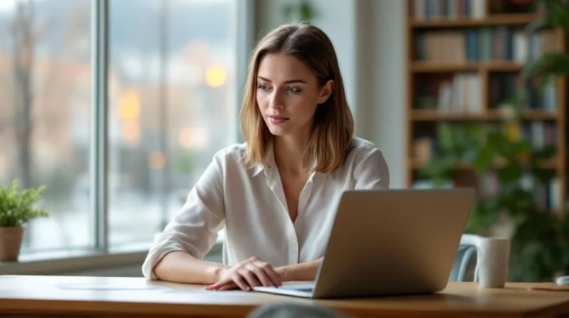 Frau Anfang 30 sitzt mit Laptop an einem hellen Schreibtisch und liest konzentriert einen Text am Bildschirm, im Hintergrund Buecher und ein Fenster mit Blick auf eine Universitaetsstadt