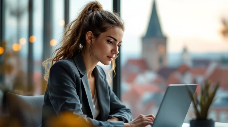 Tübinger Beschäftigte am Laptop, im Hintergrund Universitätssilhouette und Neckar