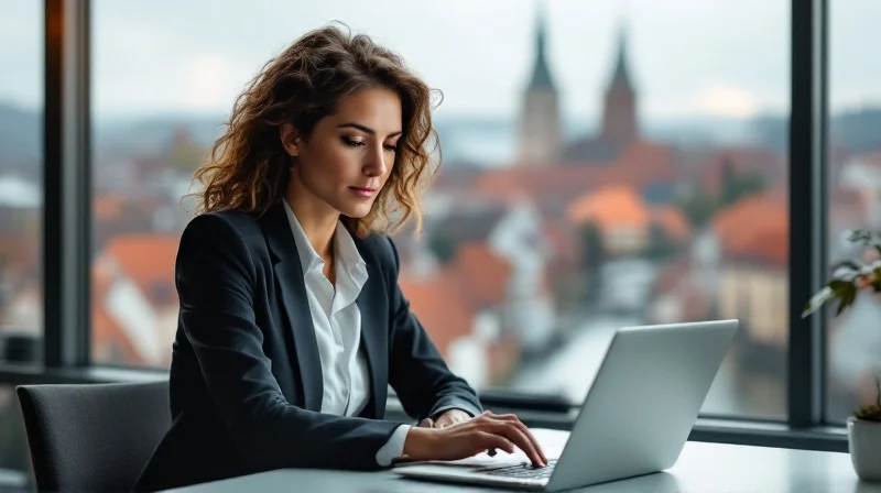 Geschäftsführerin im Tübinger Biotech-Büro mit Blick auf Cyber Valley und Universitätsstadt