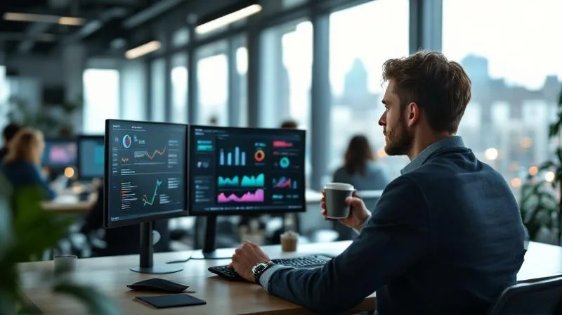 Quereinsteiger in einem Tübingener Unternehmen am Arbeitsplatz, arbeitet konzentriert an Dashboards und KI-Tools