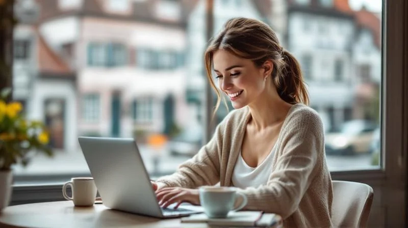 Frau lernt am Laptop in einem hellen Raum mit Blick auf die Tuebinger Altstadt